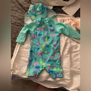 Aqua Ocean Life Baby Rash Guard Romper 3-6 EUC